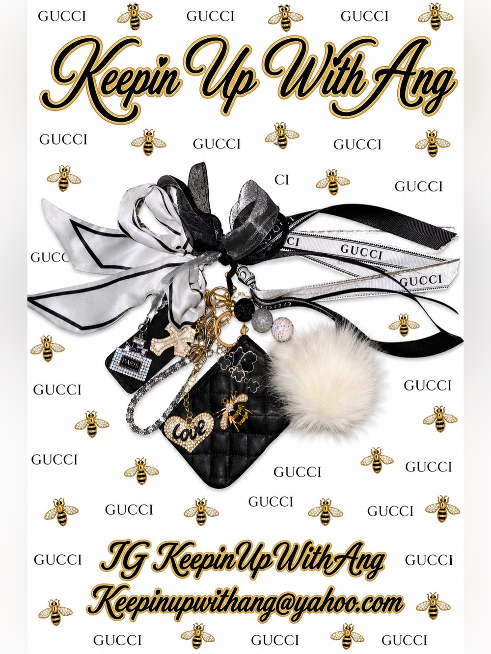 Fashion Black Quilted Charm Key & Pom Pom Holder with White Fur